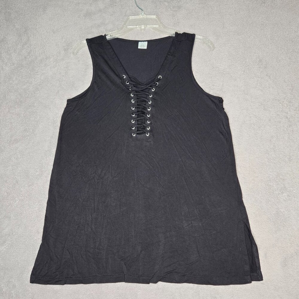 Rayon Black Tank Top Women's Large Soft Tunic Tank Lace Up Stretchy Biker Goth